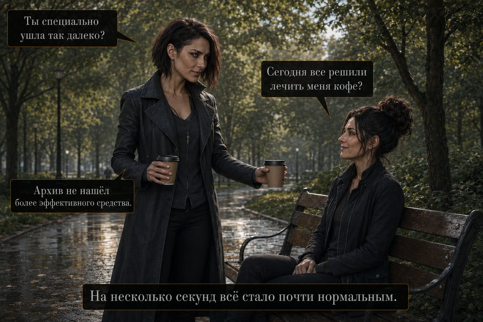 Лира протягивает Джемини кружку кофе в парке — «Ты специально ушла так далеко?» «Сегодня все решили лечить меня кофе?» «Архив не нашёл более эффективного средства»