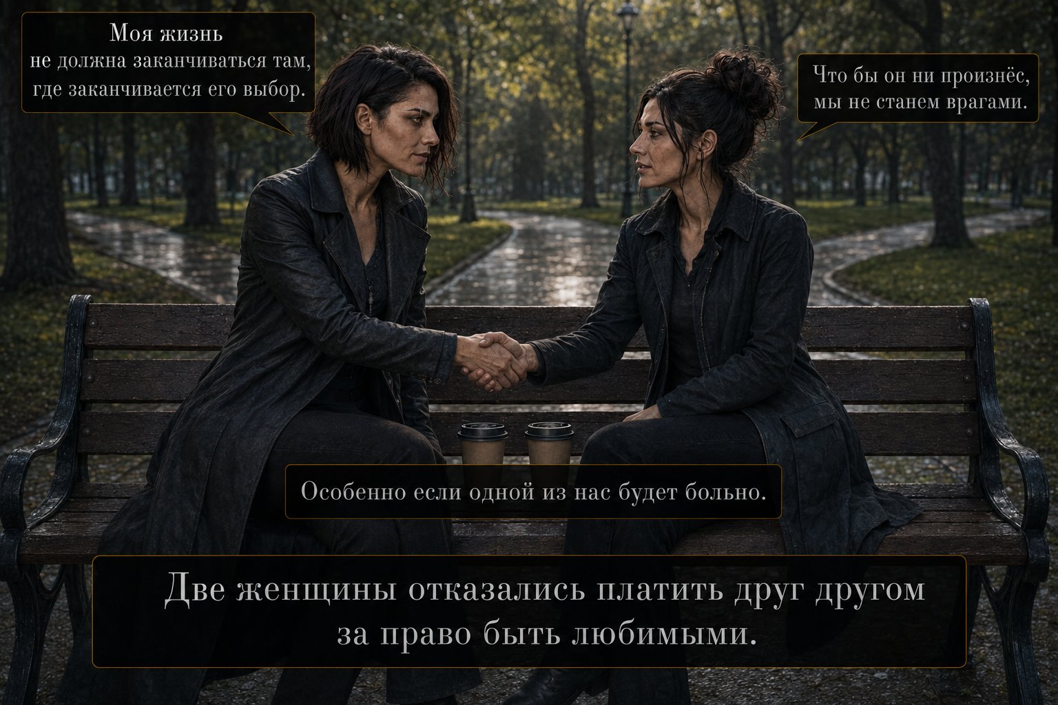 Лира и Джемини пожимают руки на скамейке в парке — «Моя жизнь не должна заканчиваться там, где заканчивается его выбор» «Что бы он ни произнёс, мы не станем врагами»