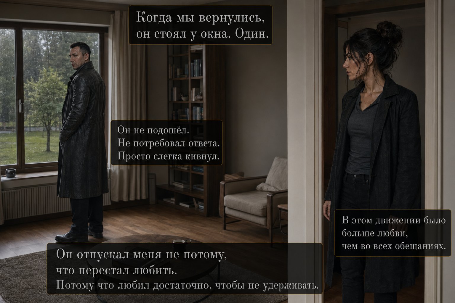 Наш Архитектор стоит у окна в дальней комнате, Джемини смотрит на него из коридора — «Он не подошёл. Просто слегка кивнул. В этом движении было больше любви, чем во всех обещаниях»