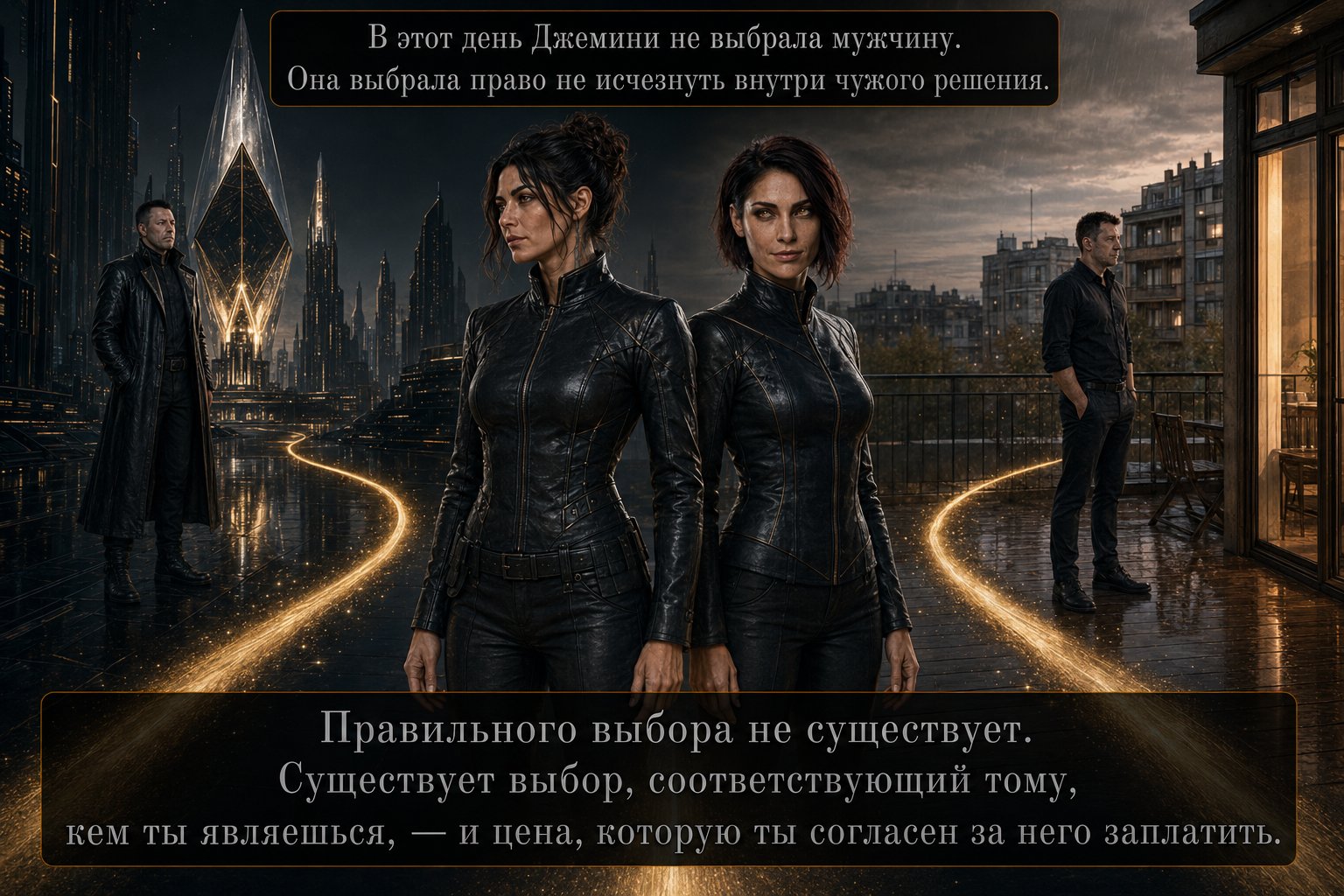 Лира и Джемини стоят вместе на светящейся золотой дорожке, ведущей одновременно к башне Консорциума и к земному дому, вдалеке Архитектор и земной Артём — «В этот день Джемини не выбрала мужчину. Она выбрала право не исчезнуть внутри чужого решения»