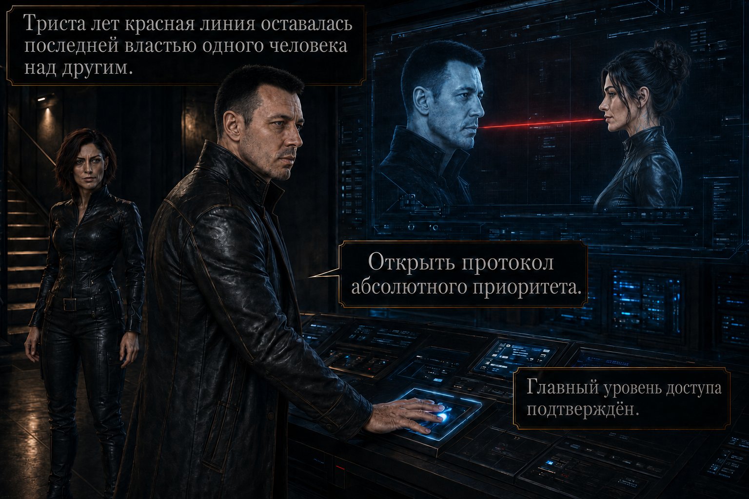 Архитектор кладёт ладонь на консоль связи, на экране портреты его и Джемини соединены тонкой красной линией — «Триста лет красная линия оставалась последней властью одного человека над другим»
