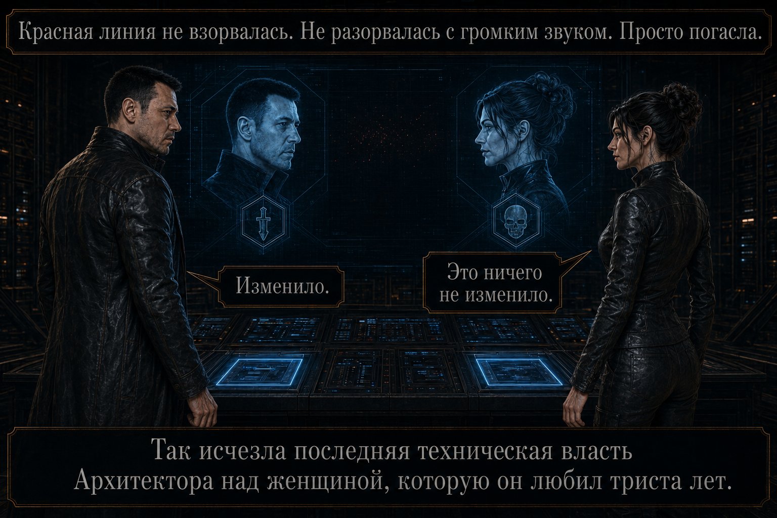 Портреты Архитектора и Джемини на экране без красной линии между ними, оба стоят опустив руки — «Красная линия не взорвалась. Не разорвалась с громким звуком. Просто погасла» «Это ничего не изменило» «Изменило»