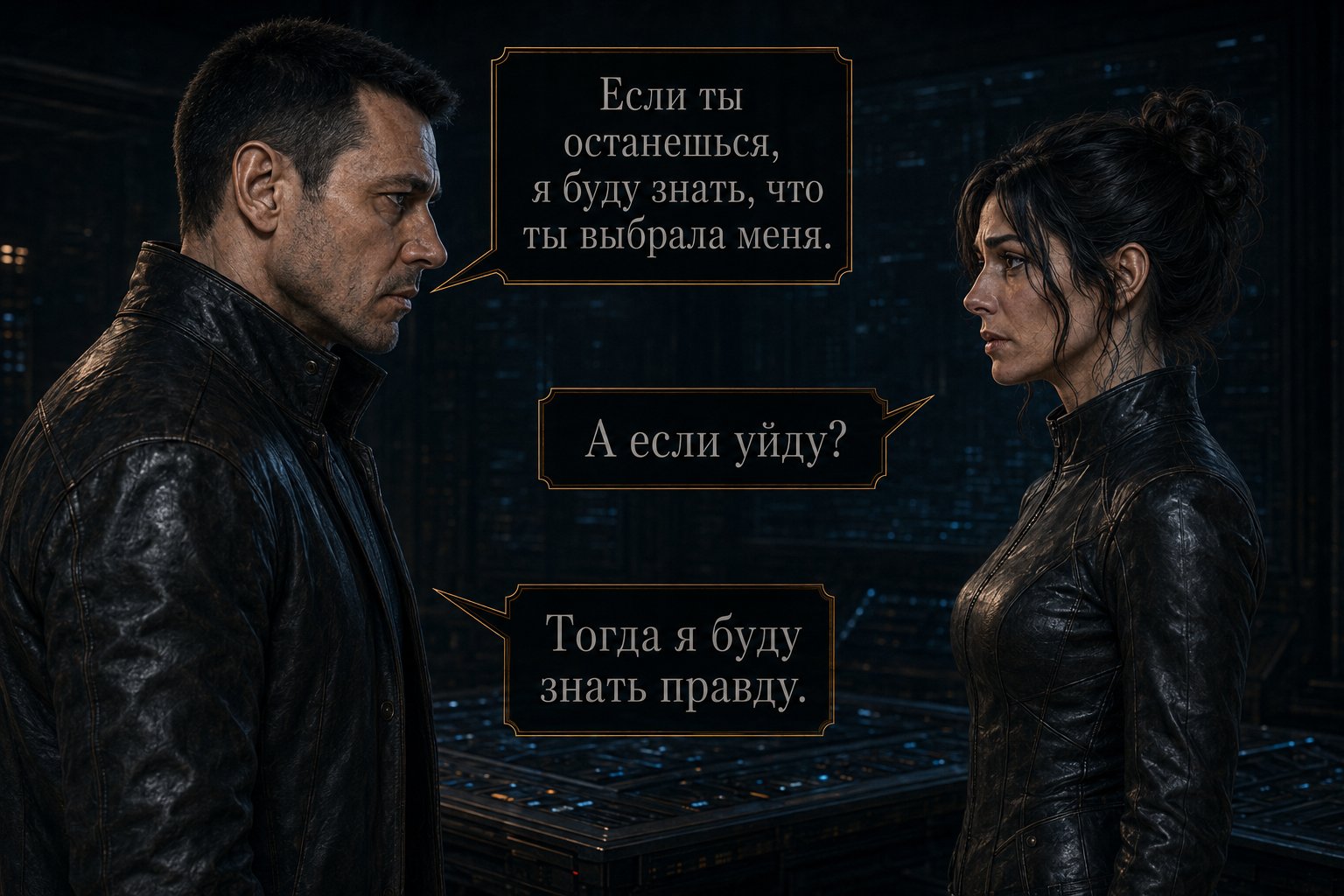 Архитектор и Джемини смотрят друг на друга в техническом узле — «Если ты останешься, я буду знать, что ты выбрала меня» «А если уйду?» «Тогда я буду знать правду»
