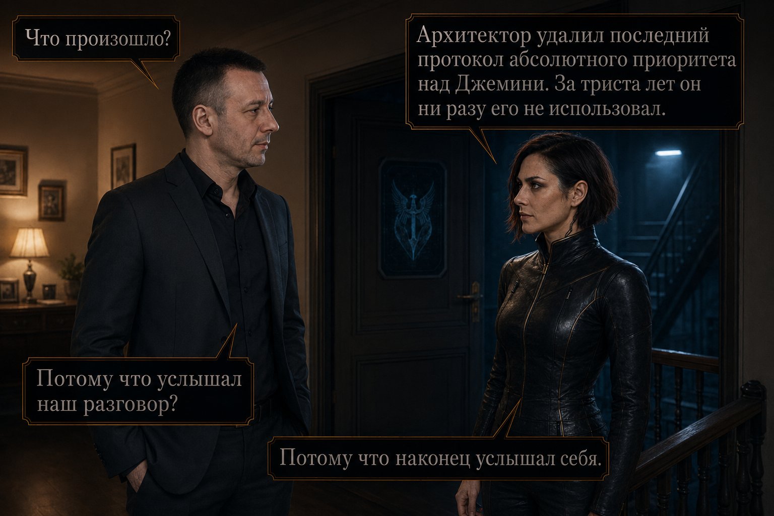 Лира рассказывает Артёму в коридоре земного дома — «Архитектор удалил последний протокол абсолютного приоритета над Джемини. За триста лет он ни разу его не использовал» «Потому что наконец услышал себя»