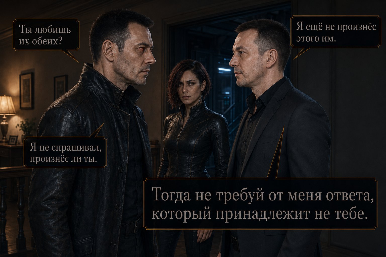 Архитектор с вспыхнувшими красным глазами спрашивает Артёма «Ты любишь их обеих?», Лира стоит рядом — «Тогда не требуй от меня ответа, который принадлежит не тебе»