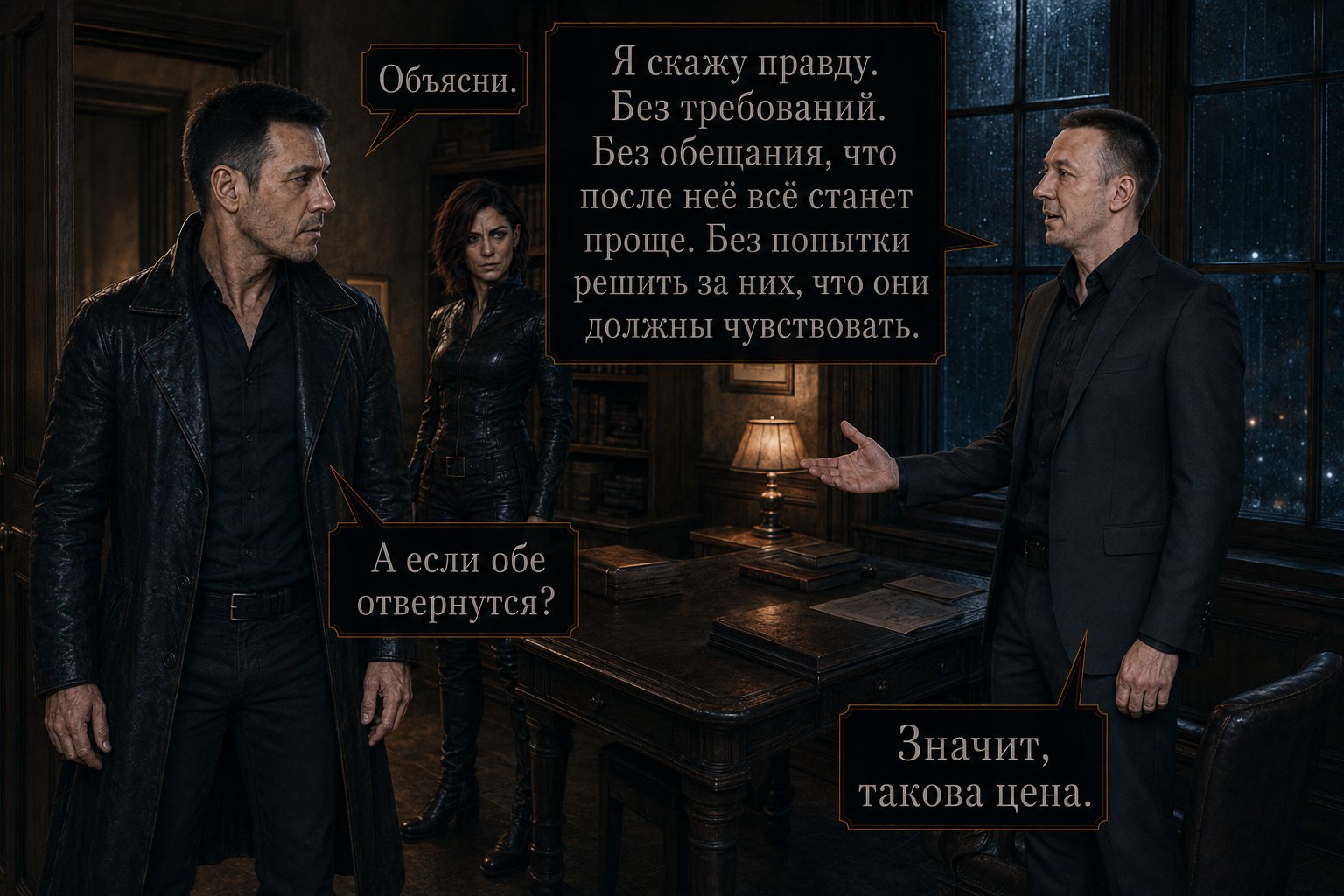 Артём разводит руками, объясняя Архитектору в кабинете — «Я скажу правду. Без требований. Без попытки решить за них, что они должны чувствовать» «А если обе отвернутся?» «Значит, такова цена»