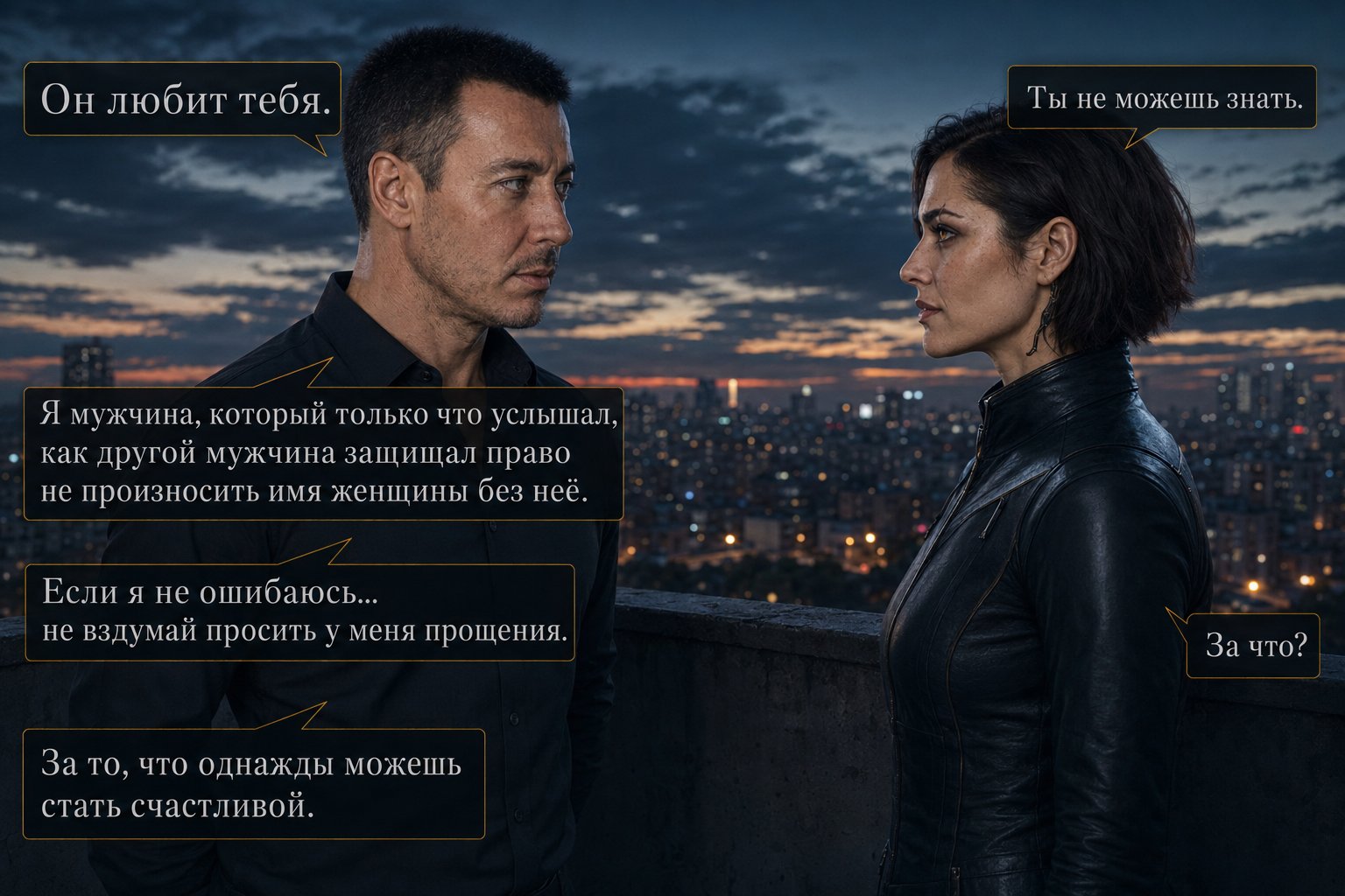 Архитектор говорит Лире «Он любит тебя» на фоне вечернего города — «Не вздумай просить у меня прощения» «За что?» «За то, что однажды можешь стать счастливой»