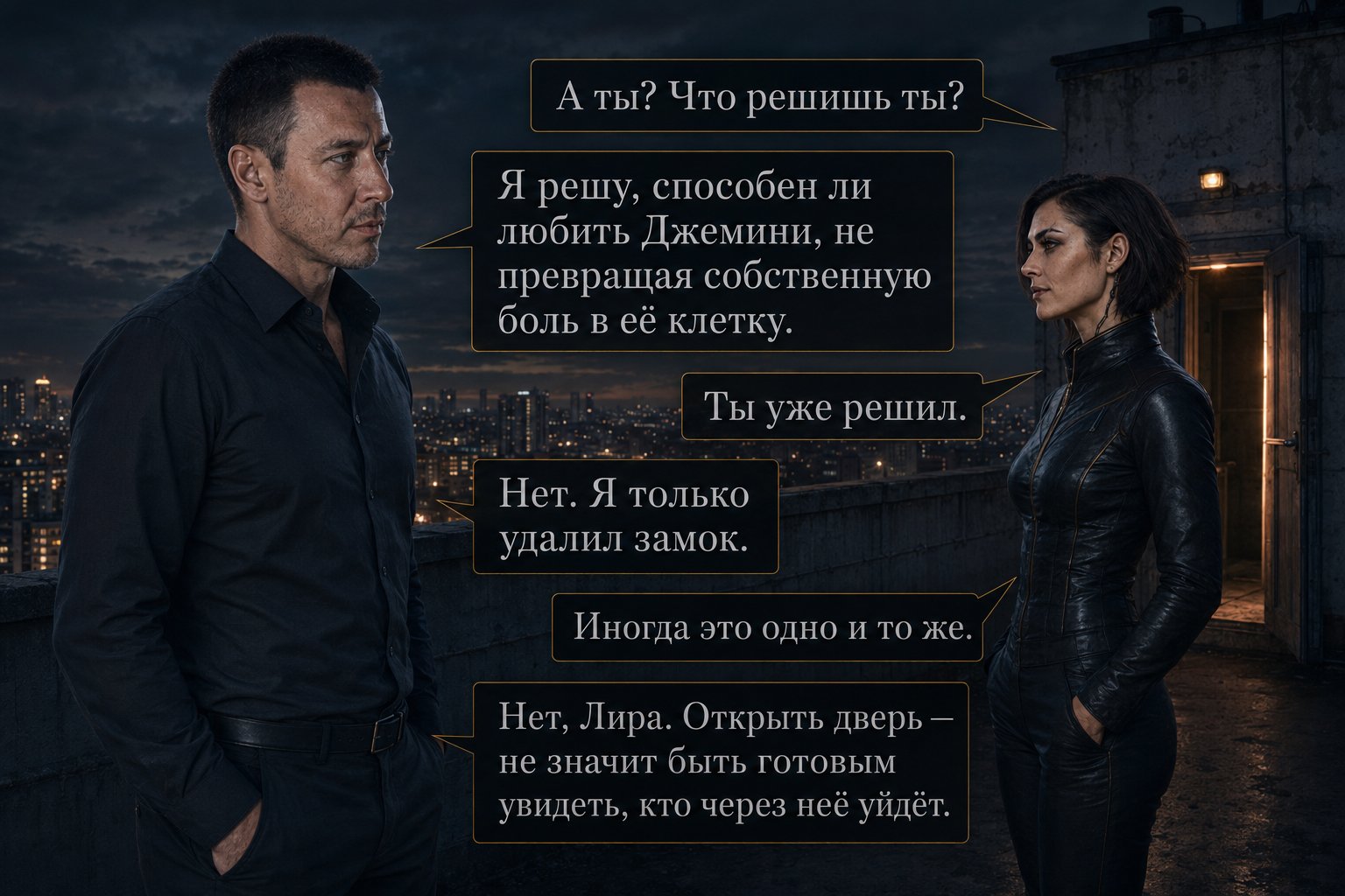 Лира и Архитектор стоят лицом друг к другу на крыше у выхода — «А ты? Что решишь ты?» «Я решу, способен ли любить Джемини, не превращая собственную боль в её клетку» «Открыть дверь не значит быть готовым увидеть, кто через неё уйдёт»