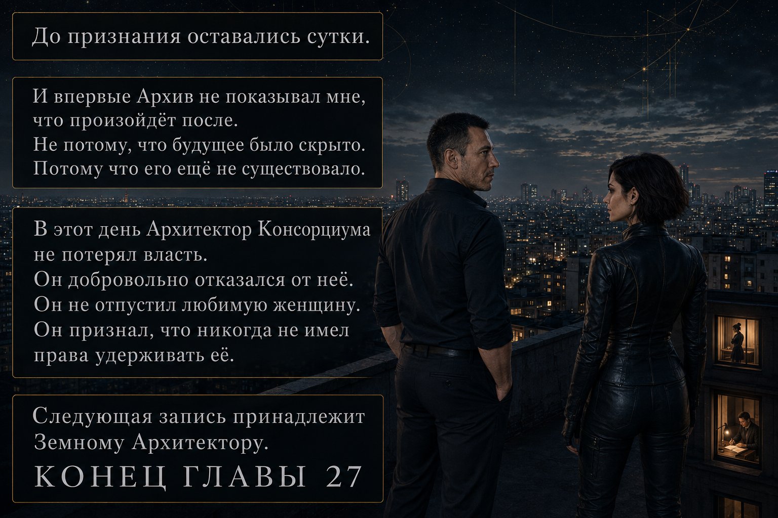 Архитектор и Лира стоят рядом на крыше под звёздным небом, вдалеке в окнах видны Джемини и Артём — «До признания оставались сутки. Архитектор не потерял власть. Он добровольно отказался от неё» «Следующая запись принадлежит Земному Архитектору»