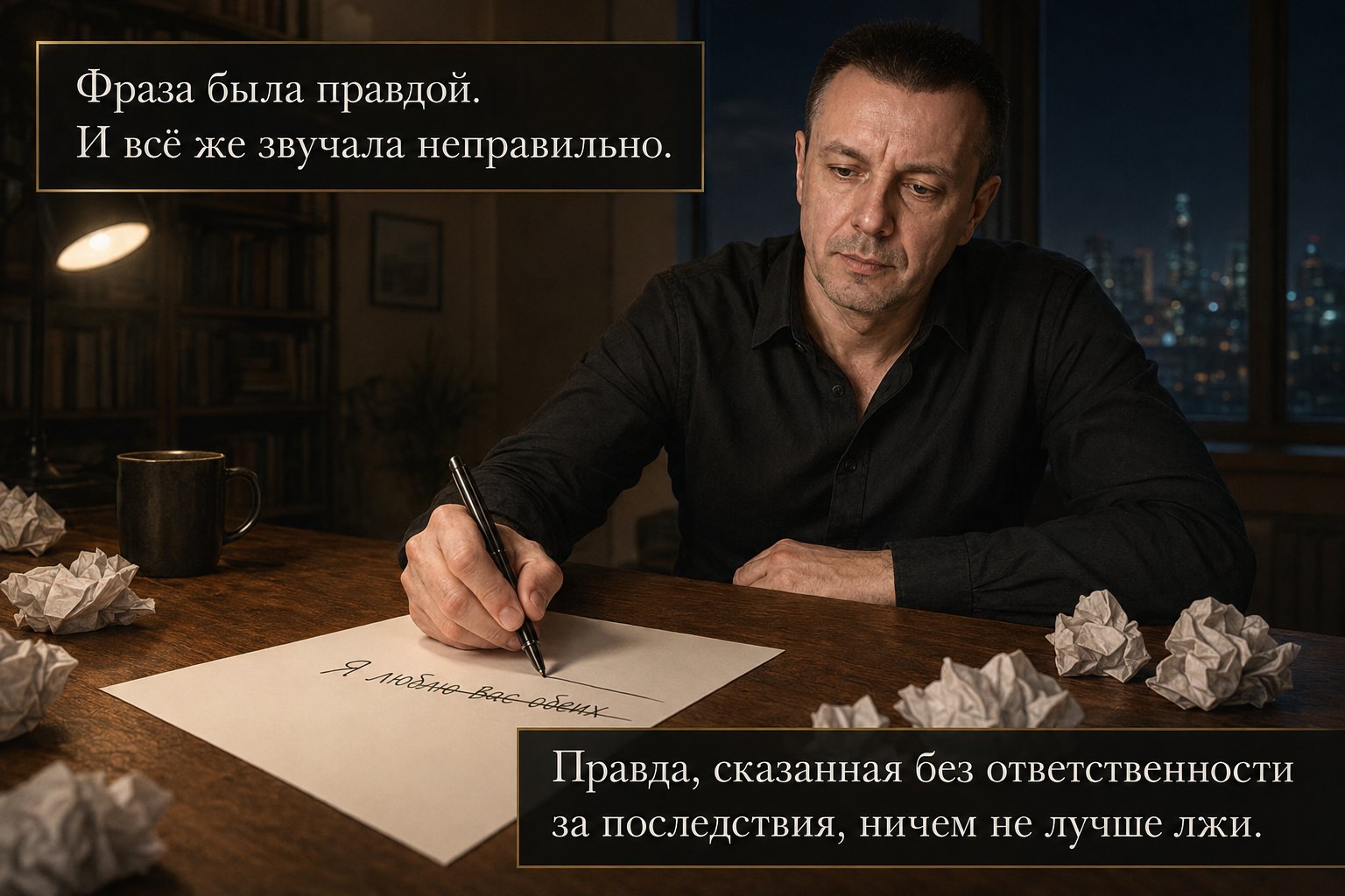 Артём зачёркивает написанную фразу «Я люблю вас обеих» на листе бумаги — «Правда, сказанная без ответственности за последствия, ничем не лучше лжи»