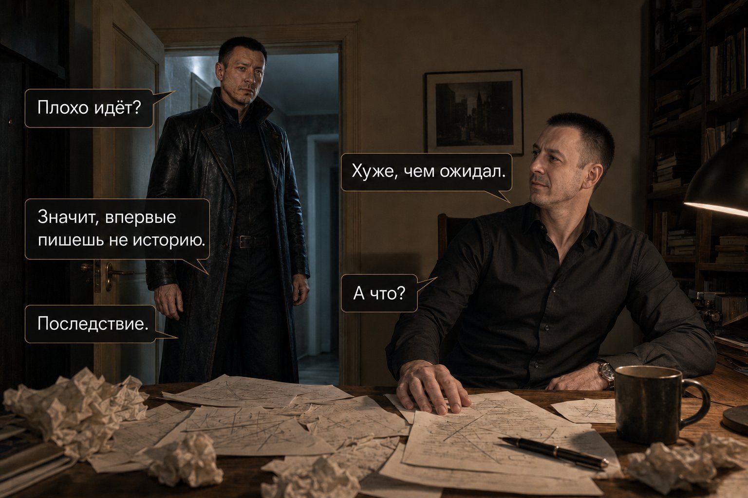 Архитектор входит в кабинет Артёма без стука и смотрит на разбросанные зачёркнутые листы — «Плохо идёт?» «Хуже, чем ожидал» «Значит, впервые пишешь не историю» «А что?» «Последствие»