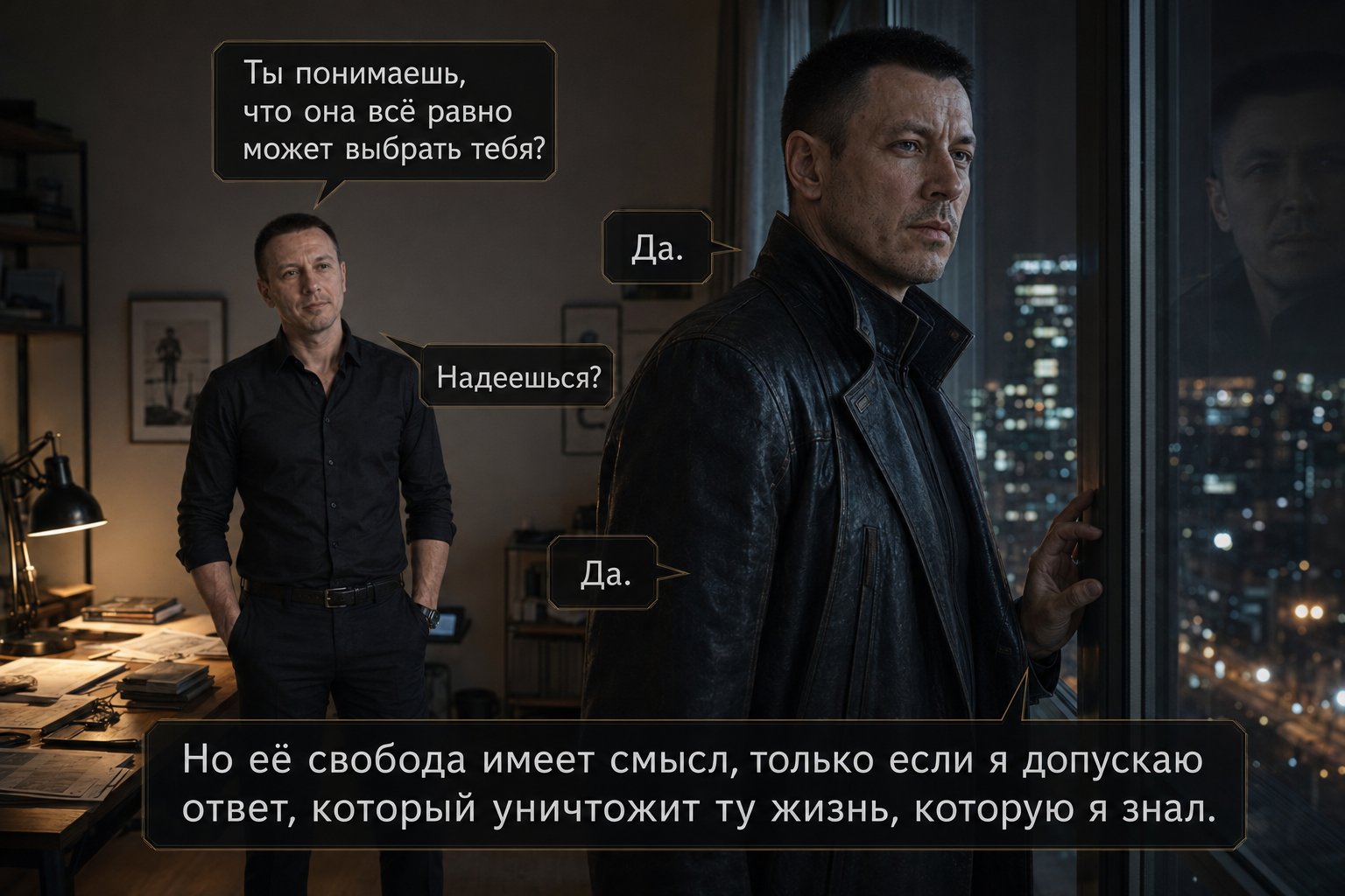 Архитектор стоит у окна ночного города, его отражение удваивается в стекле, Артём сидит за столом позади — «Её свобода имеет смысл только в том случае, если я допускаю ответ, который уничтожит ту жизнь, которую я знал»