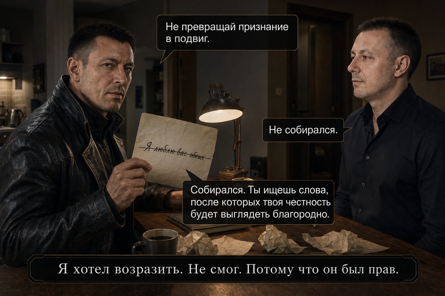 Архитектор держит зачёркнутый лист с фразой «Я люблю вас обеих» — «Не превращай признание в подвиг» «Не собирался» «Собирался. Ты ищешь слова, после которых твоя честность будет выглядеть благородно»