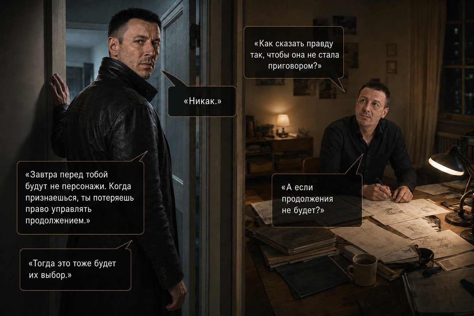 Раздельная композиция: Архитектор у двери говорит «Завтра перед тобой будут не персонажи. Когда признаешься, ты потеряешь право управлять продолжением», Артём за столом с набросками спрашивает «А если продолжения не будет?»