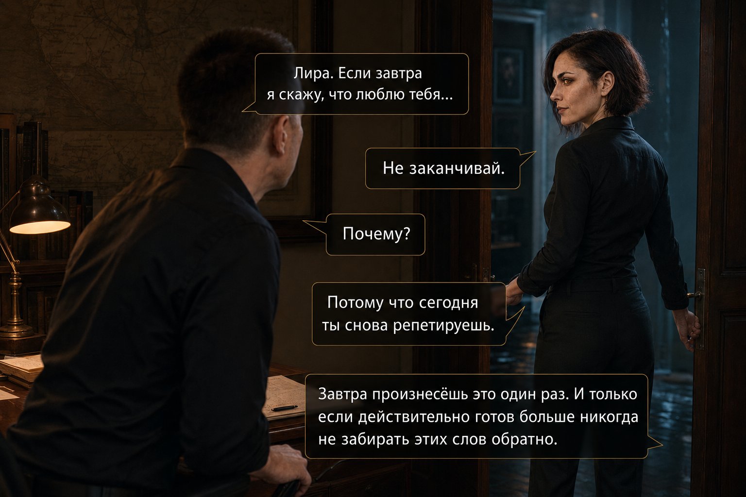 Лира стоит в дверях, повернувшись спиной, рука на ручке двери — «Лира. Если завтра я скажу, что люблю тебя...» «Не заканчивай» «Потому что сегодня ты снова репетируешь»