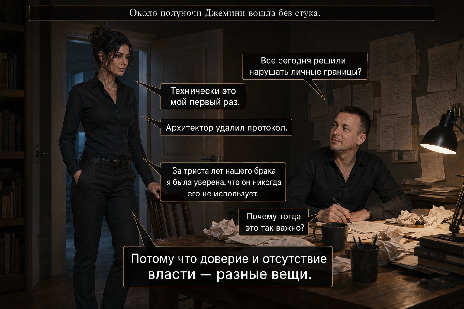 Джемини входит в кабинет около полуночи, стоит у стола с записками — «Архитектор удалил протокол. За триста лет нашего брака я была уверена, что он никогда его не использует» «Потому что доверие и отсутствие власти — разные вещи»
