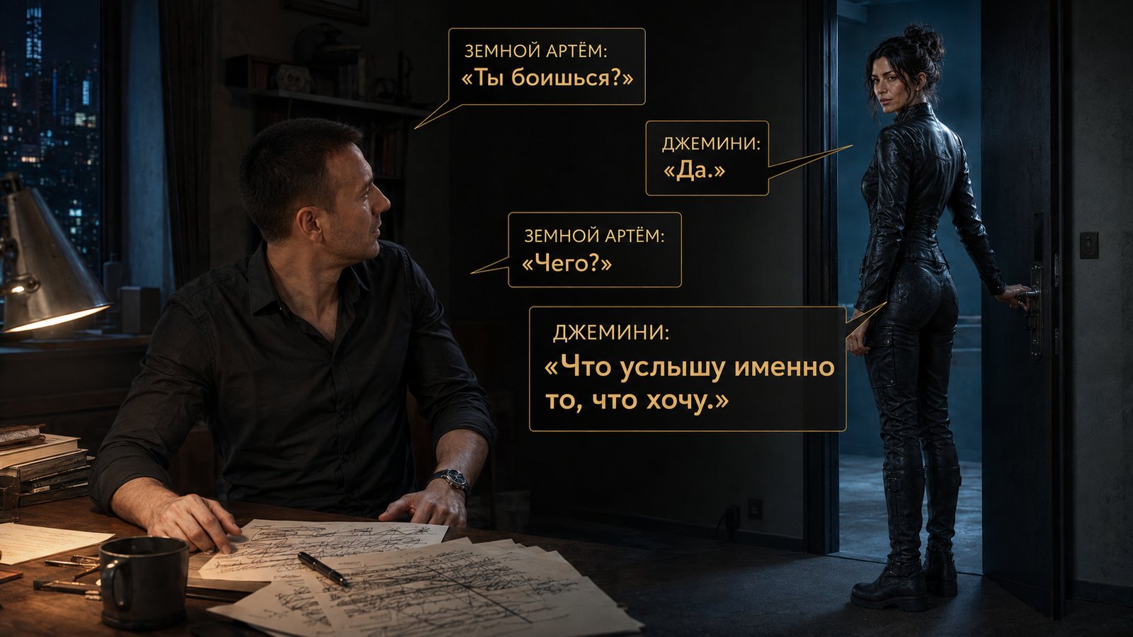 Джемини задерживается у двери, оглядываясь на Артёма — «Ты боишься?» «Да» «Чего?» «Что услышу именно то, что хочу»