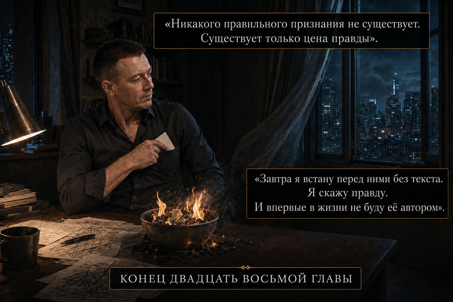 Артём сжигает последние листы в металлической чаше на столе, оставив в кармане один сохранённый лист, за окном ночной город — «Никакого правильного признания не существует. Существует только цена правды» «Завтра я скажу правду. И впервые в жизни не буду её автором»