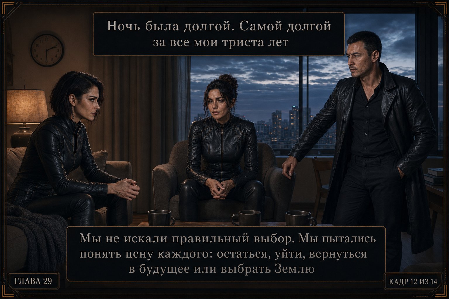 Лира, Джемини и Архитектор в гостиной на рассвете с тремя чашками кофе на столе — «Ночь была долгой. Самой долгой за все мои триста лет» «Мы не искали правильный выбор. Мы пытались понять цену каждого»