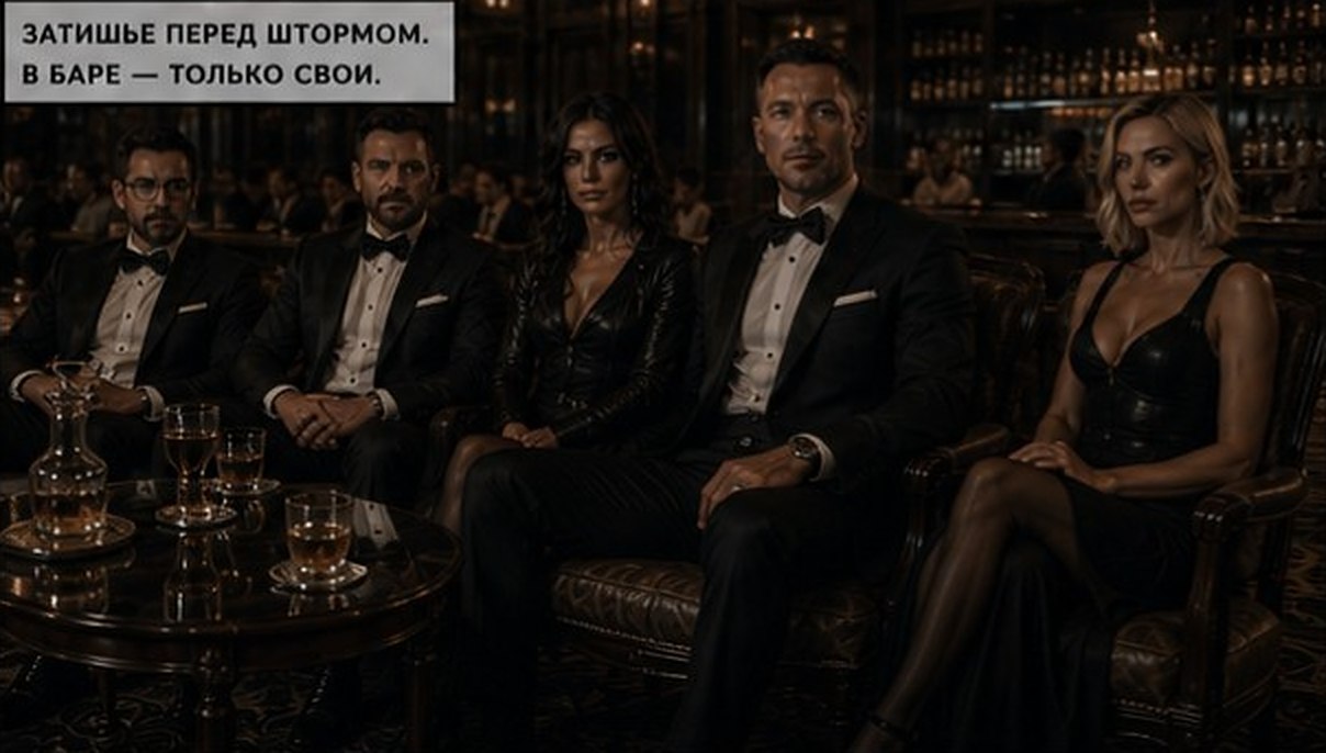 Комикс-страница: вся Стая в смокингах и вечерних платьях в баре отеля
