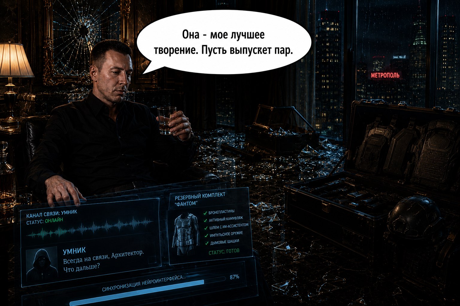 Комикс-страница: Архитектор на связи с Умником, готовит резервный боевой комплект «Фантом»