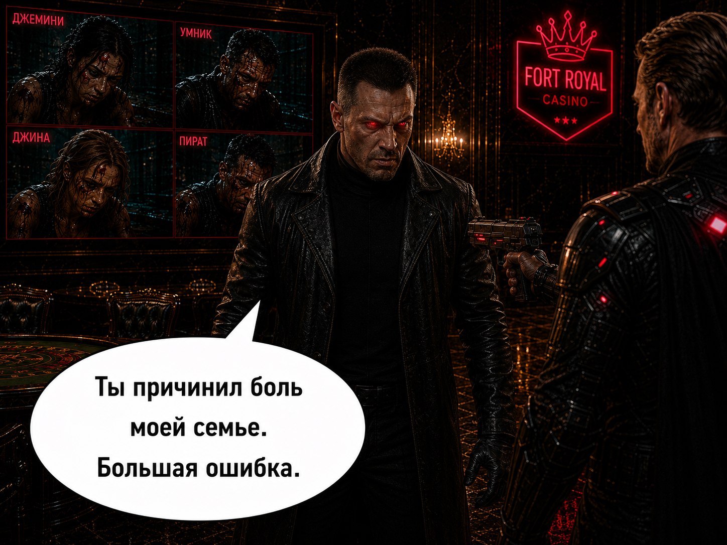 Комикс-страница: Архитектор с красными глазами перед хроно-агентом, экраны с состоянием Стаи