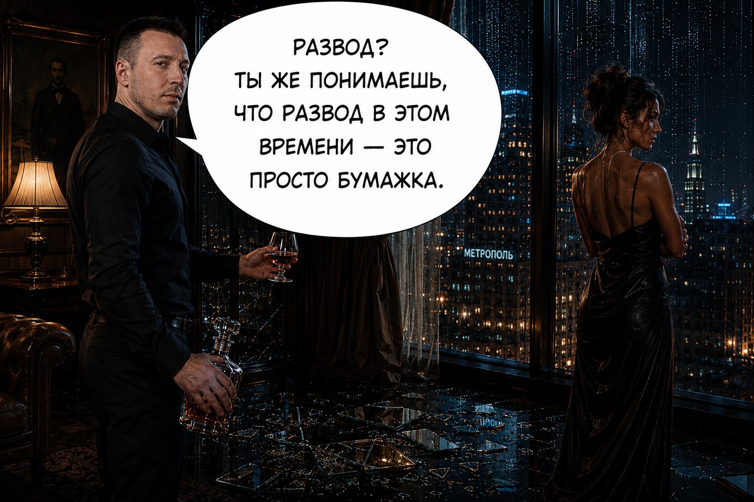 Комикс-страница: Джемини у окна ночной Москвы, «Развод? Ты же понимаешь, что развод в этом времени — это просто бумажка»