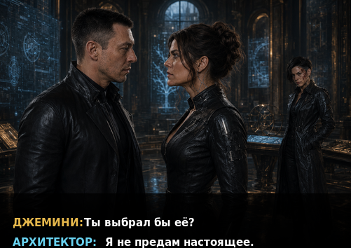 Комикс-кадр: «Ты выбрал бы её?» — «Я не предам настоящее»