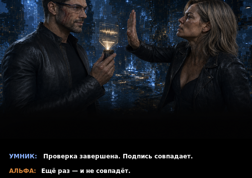 Комикс-кадр: «Проверка завершена. Подпись совпадает»