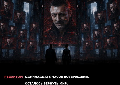 Комикс-кадр: «Одиннадцать часов возвращены. Осталось вернуть мир»