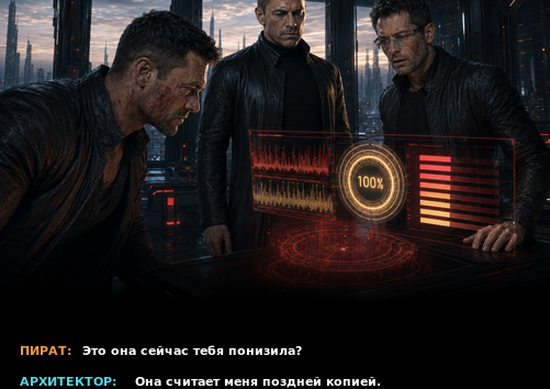 Комикс-кадр: «Это она тебя понизила?» — «Она считает меня поздней копией»