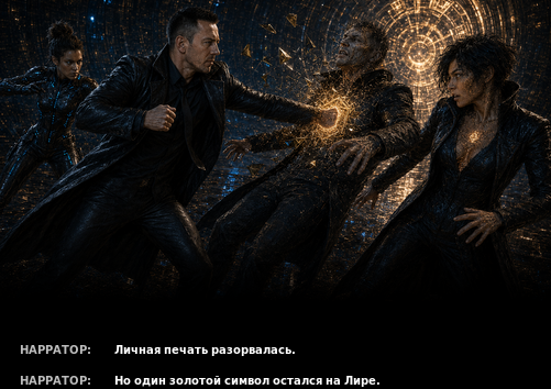 Комикс-кадр: личная печать разорвалась — один золотой символ остался
