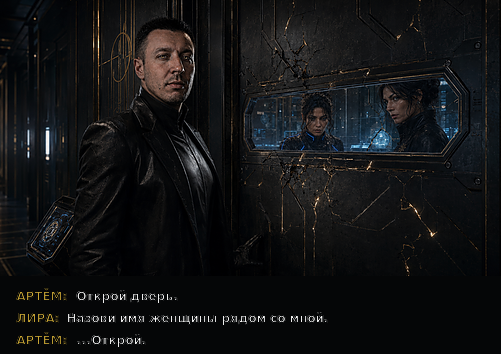 Комикс-кадр: «Открой дверь» — «Назови имя женщины рядом со мной»