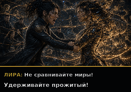 Комикс-кадр: «Не сравнивайте миры! Удерживайте прожитый!»